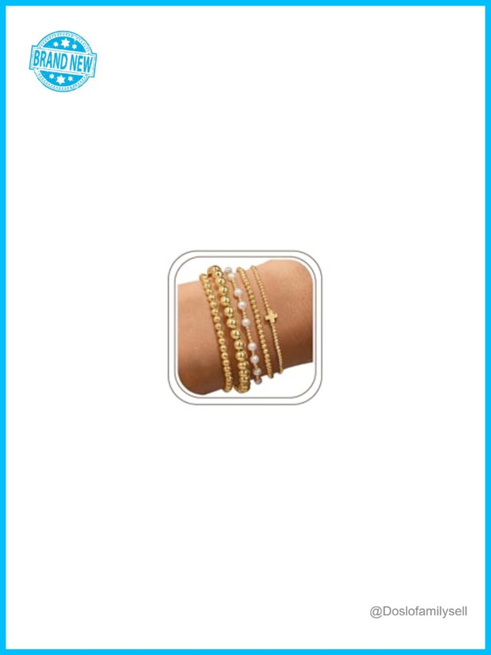 14K Gold Plated Dainty Beaded Pearl Cross Bracelet Stack 5-Piece Set Stretch
